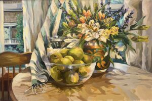 Flowers and a Striped Cloth